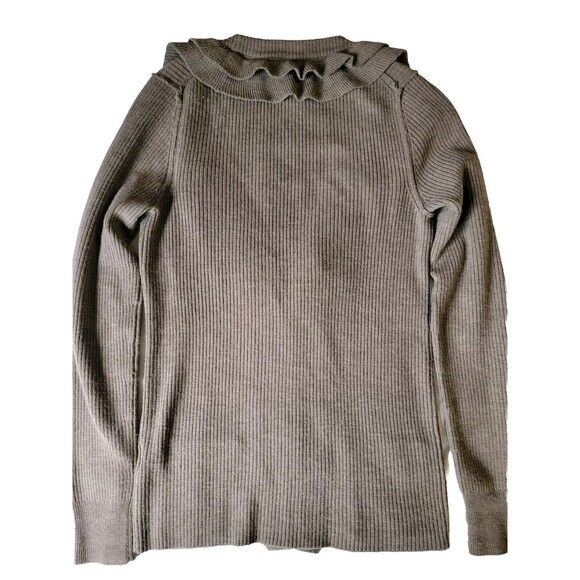 Banana Republic Womens Merino Wool Ruffle Size Large Brown Cardigan With Pockets - Picture 2 of 12